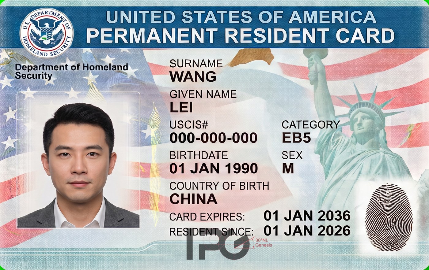 美国身份卡片示意图，非真实证件
